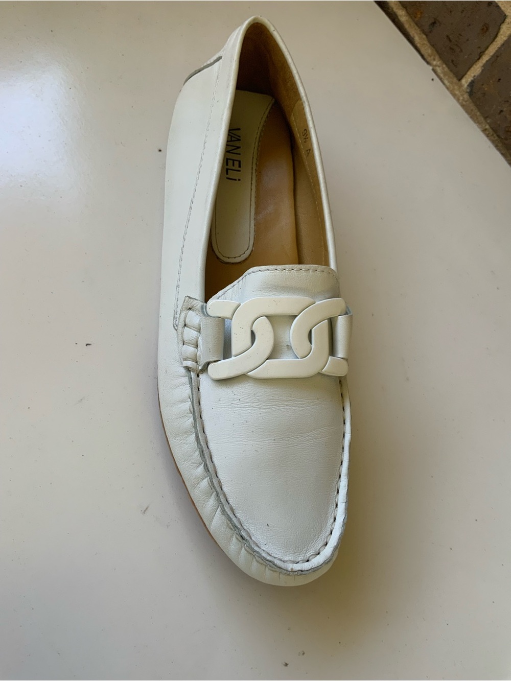 Vaneli White Leather Chain-Link Slip-On Loafer